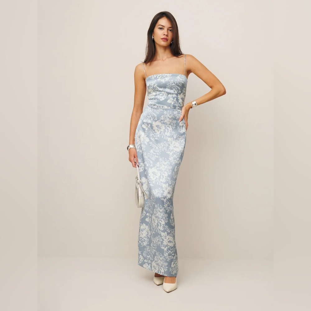 Reformation 100% Silk Frankie Porcelain Light Blue Floral Maxi Dress